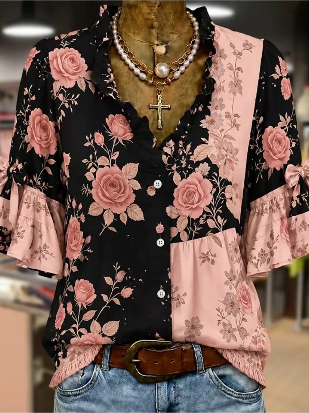 Floral Patchwork Ruffle Sleeve Button Up Blouse - Pink on Black